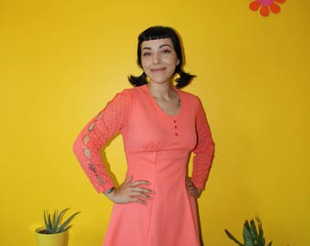 Vintage 1970's 1960's Pink Coral long sleeve dress with cut out sleeves