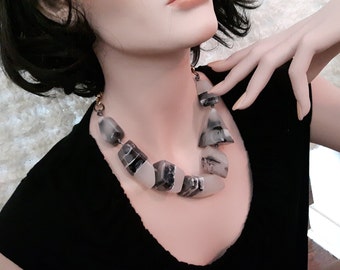 Super Gorgeous Chunky Lucite Necklace - Black, White, Grey and Translucent 'Rocks'
