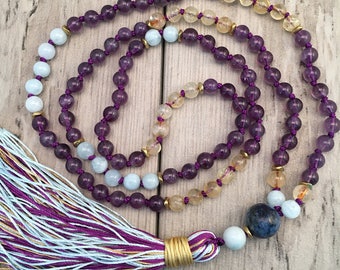 Amethyst, Aquamarine and Citrine Mala Necklace/108 Mala Beads/Hand-knotted/Silk Tassel/Boho Jewelry/Gemstone Mala Beads/Migraine Support