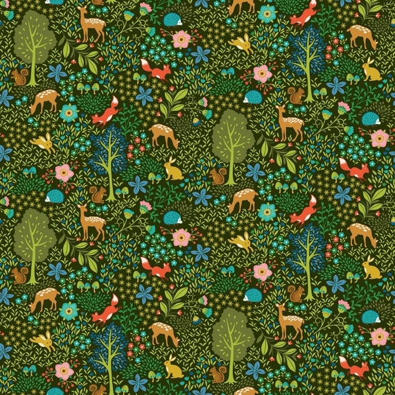 Green Woodland Animals Cotton Fabric from the Pieceful