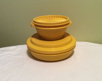 Vintage Tupperware Mustard Sunflower Golden Yellow Set of two Round Plastic Containers To Go with Lids Lunch Storage Bowls