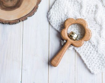 Rattle with Bell. Organic Wooden Teething Toy. Flower Rattle. Natural Wooden Toy. Eco Friendly Infant Toy. Newborn gift.