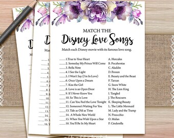 Disney Love Songs Bridal Shower Game - Printable Purple Floral Bridal Shower Disney Love Song Game - Bachelorette Party Games 031