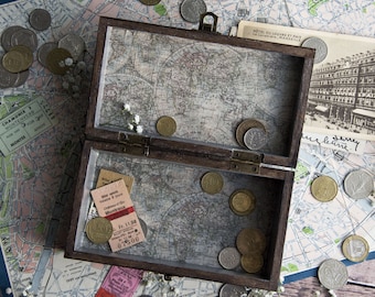 World In A Box / Box / World Map / Globe Trotter / Trinket Box / Wooden Box / Dark Wood / Jewellery Box