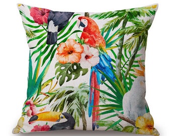 Housse de coussin déco toile de lin et coton beige JUNGLE | Design d'intérieur |Salon & Chambre| Décoration tropicale | Palmier perroquet