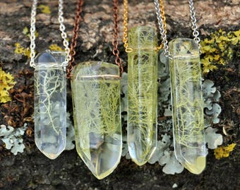Crystal Necklace, Lichen Jewelry, Forest Necklace Gift for Nature Lover, Terrarium Necklace, Free Shipping, Lichen Moss Necklace, Eco Resin