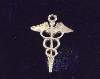 Sterling silver caduceus sign of medicine charm vintage # 1112