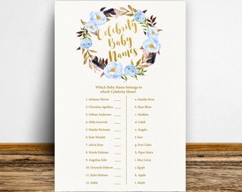 Boho Celebrity Baby Names Game, Baby Boy shower, Celebrity match game, Boho Baby Shower Game, Baby shower activities, Blue-BoHo