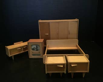 Vintage German MCM Bedroom Dollhouse Miniature 5pc Matching Set | Mid Century Modern Wood Bed, Nightstands, Vanity, Wardrobe, Television