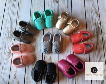 2 PAIR SPECIAL Custom Baby Moccasins, Crib Shoes, metallic moccasins