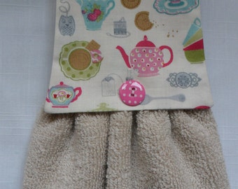 Hanging Hand Towel, Handmade Cream Towel with Tea & Biscuit Cotton Fabric Top