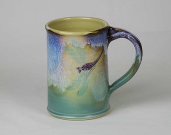 Hand made ceramic pottery mug, dragonfly mug, green ceramic mug, blue ceramic mug, stonware mug, dishwasher safe mug, microwave safe mug