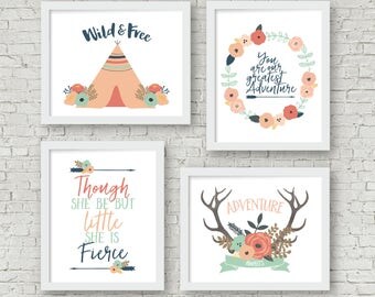 Girls Nursery Art Boho Tribal Floral Pink Bohemian Girls Room Arrows Antlers Set of 4 Art Prints Digital Art 8x10 Set of 4 Instant Download