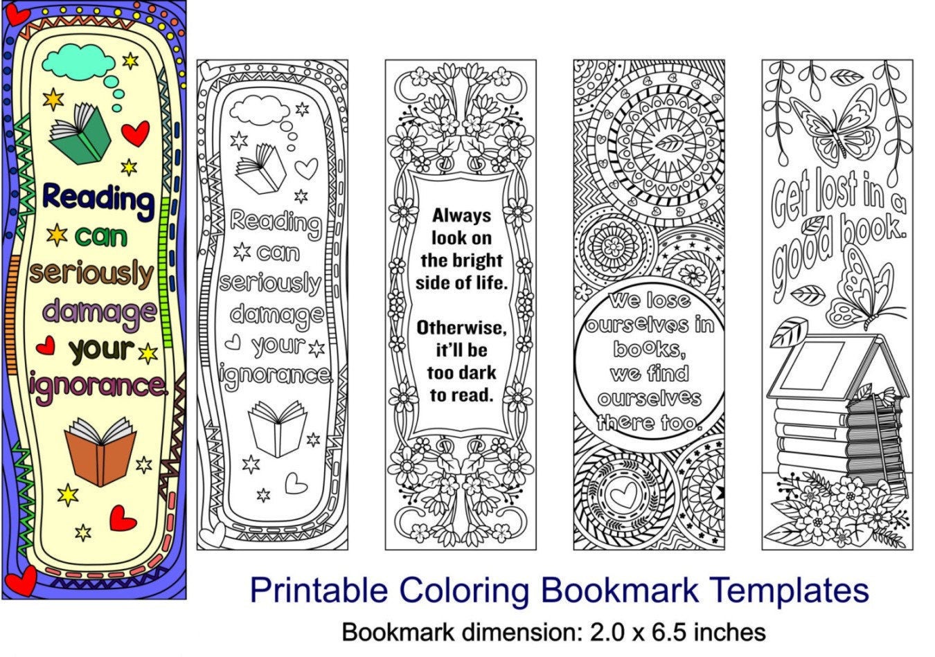 Printable Coloring Bookmark Templates with Four Designs plus