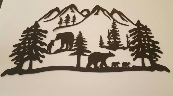 Bear cubs mountains and pine trees metal wall by SimplyRoyalDesign