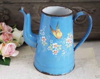 Vintage French Blue Floral Enamel Coffee Pot
