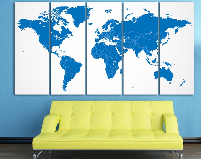Buy blue push pin world map, blue travel map, 5 panel canvas world map, large world map wall art, blue world map panel, blue world map art