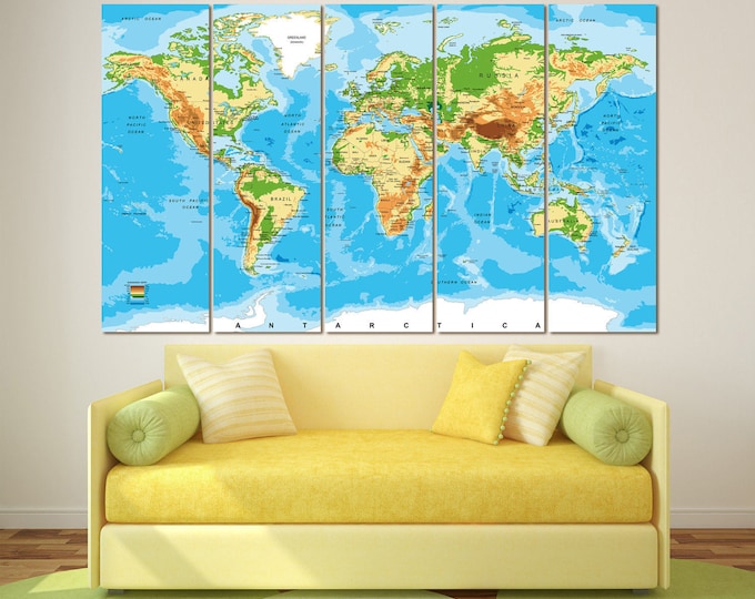 Large atlas world map print set of 3 or 5 panels, world map with countries, push pin world map classic world map detailed world map canvas