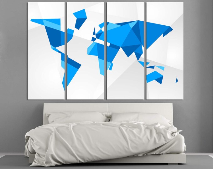 Abstract Blue Ice Geometric World Map Print Panels Set, Large Wall Art / 1,3,4 or 5 Panels on Canvas Wall Art for Home & Office Decoration