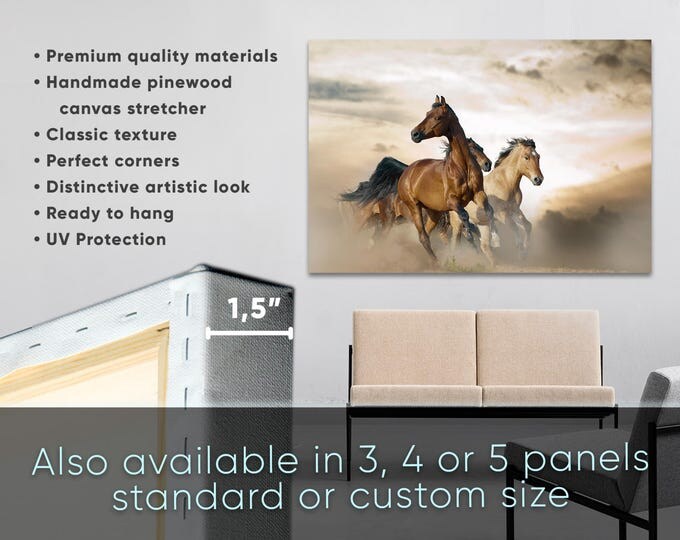 3 horses painting modern kids wall art decor on canvas, large horse wall art modern canvas print set of 3 or 5 panels for room decor