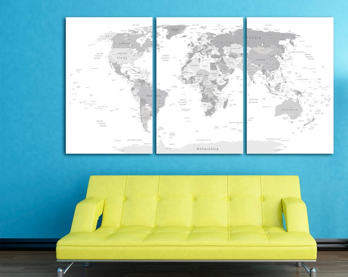 Large Gray World Map Canvas wall art, Push pin gray travel detailed world map Gray world wall map canvas print on 1, 3 or 5 map canvas print