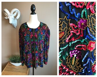 Vintage beaded sequin jacket // 1980s beaded Carolyne Barton silk floral jacket // Green, red, purple, blue beaded jacket