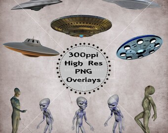 Alien and Spaceship Overlays, Separate High Resolution PNG Files, Fantasy Overlays for Photoshop, Instant Download.