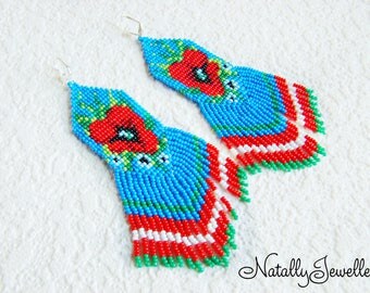 Poppy flower earrings Long boho earrings Red blue earrings Flower earrings Beaded flowers Mothers day gift Gifts for mom Mothers jewelry