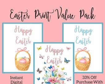 Happy Easter Printable Wall Art Sign Set of 3, Easter Egg Basket, Easter Decoration, Spring Home Decor Print, Watercolor Flower Easter Print