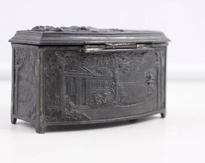 Antique pewter jewelry box, trinket box with courting couple, cast metal treasure box on feet by W B Mfg, model 425, pat pending repousse