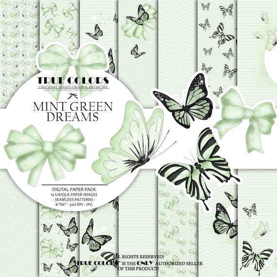 Mint Green Dreams Baby Paper Pack Fashion Illustration Planner Sticker Supplies Seamless Green Black Butterfly Butterflies Ribbon Watercolor