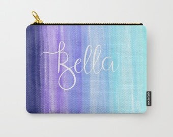Custom Bridesmaid Gift, Personalized Makeup Bag Set, Bridesmaid Clutch Purse, Blue Watercolor Wedding, Coral Wedding, Mint Bridesmaid