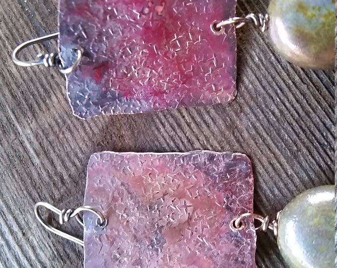 Handcrafted Copper Squares Embellished with Copper Colored Beads and Sterling Ear Wires