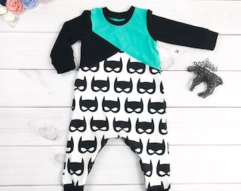 Batman romper, Color block romper, Toddler romper, Boy romper, Black romper, Baby romper,