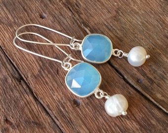 Chalcedony Earrings, Sterling Silver Earrings, Light Blue Earrings Wedding Earrings, Pearl Earrings Dangle, Wedding Jewelry, Bridal Earrings