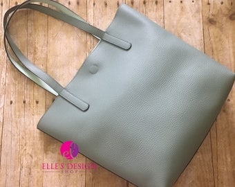 Sage Faux Pebbled Leather Tote W/Lt. Aqua Interior