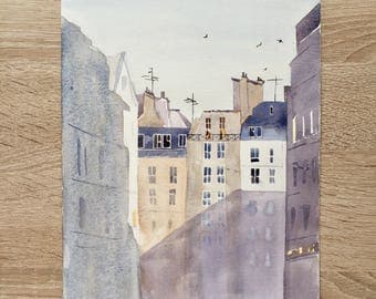 Original watercolor painting Paris France rooftops
