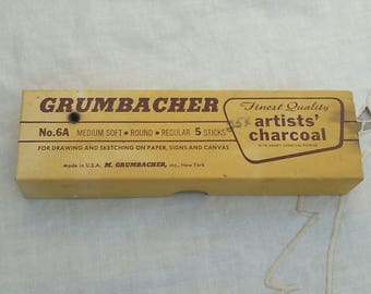 Artists Charcoal, Vintage Grumbacher charcoal and box, 5 Sticks No. 6A