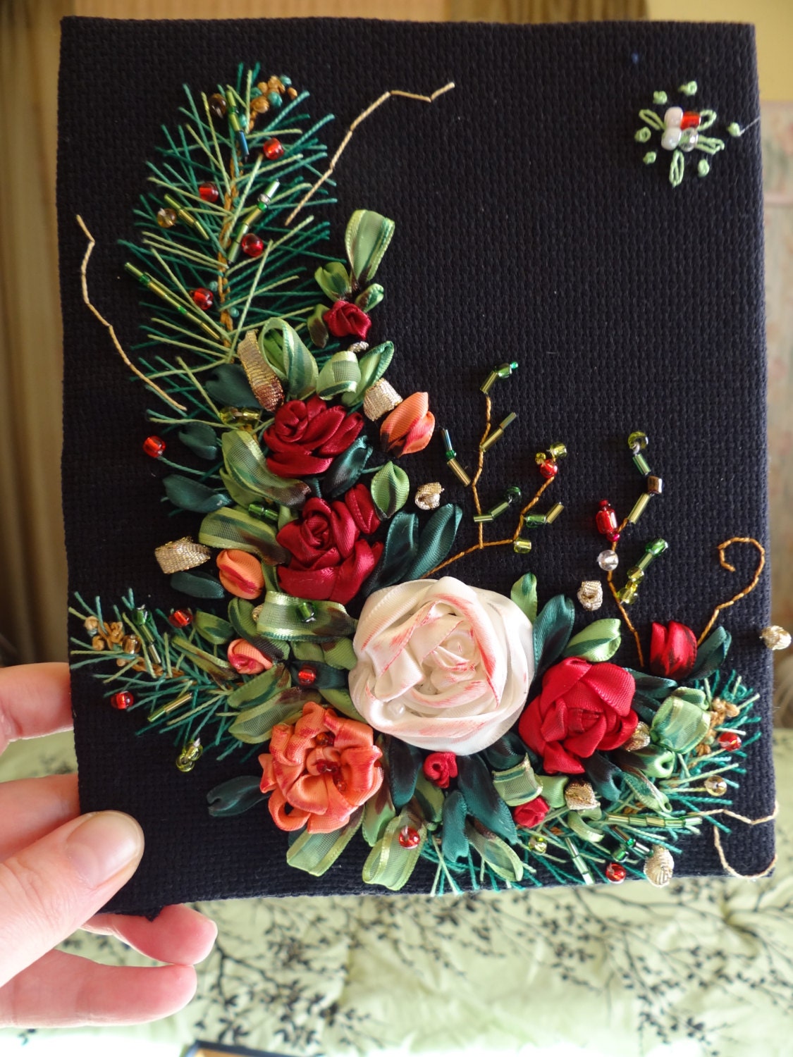 Christmas ribbon embroidery by HandmadeOriginalsArt on Etsy