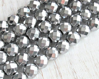 8mm faceted silver Hematite, non magnetic hematite, full strand, silver plated, 8mm round beads, jewelry supplies, mala beads, Jewelry