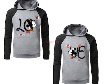 Mickey Minnie Kissing Hoodies T Shirt Mr Mrs Raglan Couple Hoodies pärchen pullover Couple Sweatshirts Couple King Queen Hoodies Grey-Black