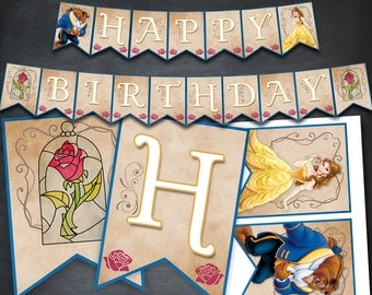 Beauty and The Beast Banner, Belle Birthday Banner, Printable Banner, Party, Princess Banner, Happy Birthday Banner, Favors, Digital Banner