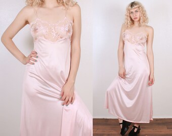 Vintage Pink Slip Dress // 70s Maxi Sheer Lace Nightgown - Small to Medium