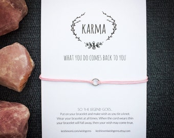 Karma bracelet, gift for yoga lover, Yoga bracelet, valentines day card, inspirational quote bracelet, small silver circle, wish bracelet,