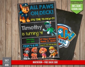 PAW PATROL Invitation - Chase, Marshall, Skye, Rocky, Rubble, Invite, Editable Text PDF Birthday Party Invitation, Instant Download