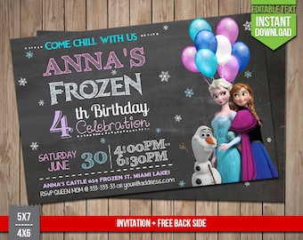FROZEN Invitation - Disney Frozen chalkboard Invite, Editable Text PDF Birthday Elsa, Anna, Olaf Invitation, Instant Download