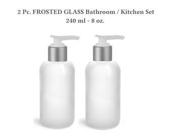 2 Clear FROSTED 8 oz. Glass Lotion Soap Pumps Set with GOLD or SILVER Pumps Apothecary Style Diy Kitchen Bath Set Dispenser