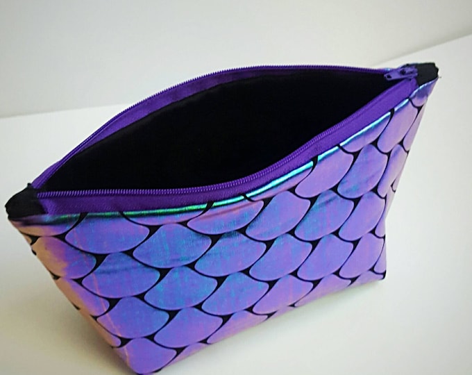 Iridescent Fish Scale Makeup Bag - Gift for Her - Valentine's Day - Purple and Teal - Purse Organizer - Standing Makeup Bag