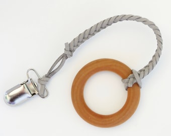Braided Pacifier Clip, Pacifier Clip, Leather Pacifier Clip, Pacifier Holder, Binky Clip, Paci Clip, Grey, Leather Paci, Baby Shower Gift