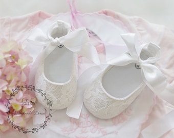 White Lace Baby Shoes, Blessing Baptism Shoes, Cotton Christening Shoes, Pure White Flower Girl Wedding Shoes